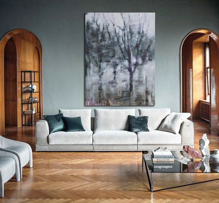 Large Abstract Painting Canvas Art,Abstract Landscape Painting,Large Abstract Wall Art,White,Dark Green,Grey,Purple